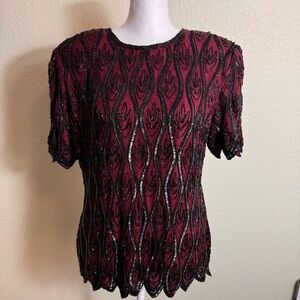 Stenay Blouse Red with Black Beaded NWT Short Sleeve Size S Silk Retro Cocktail
